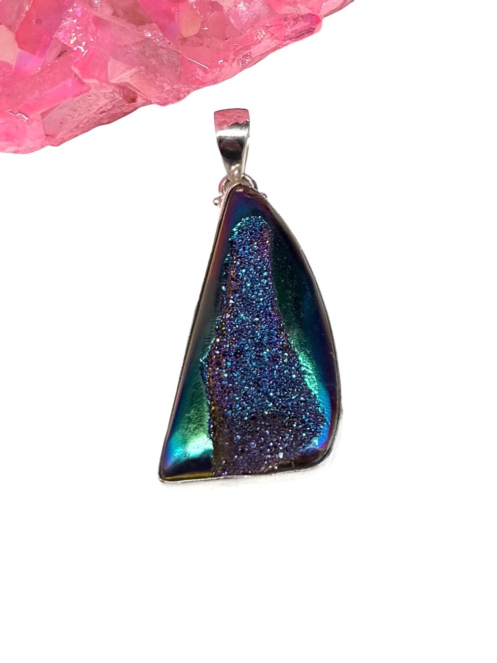 Titanium Druzy Necklace Pendant Solid 925 Sterling Silver Crystal Iridescent